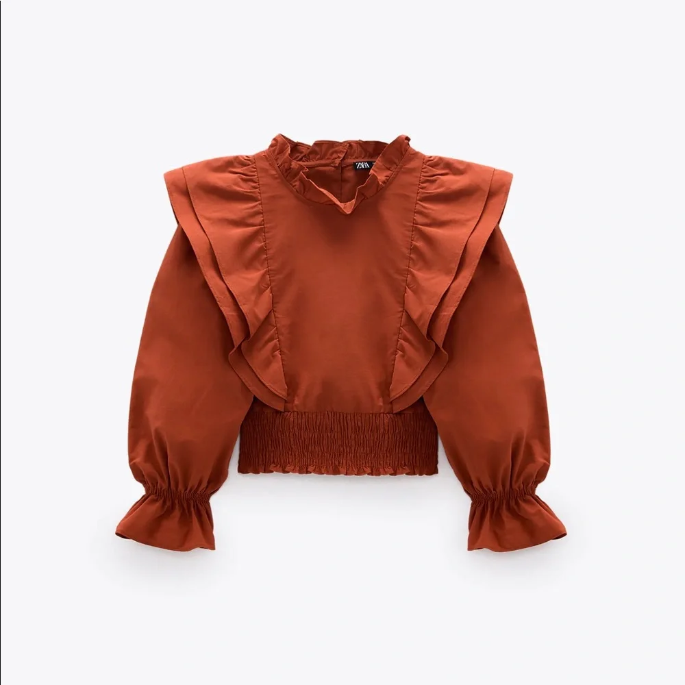 ZARA - RUFFLED POPLIN SHIRT - Burnt Orange - Picture 7 of 11
